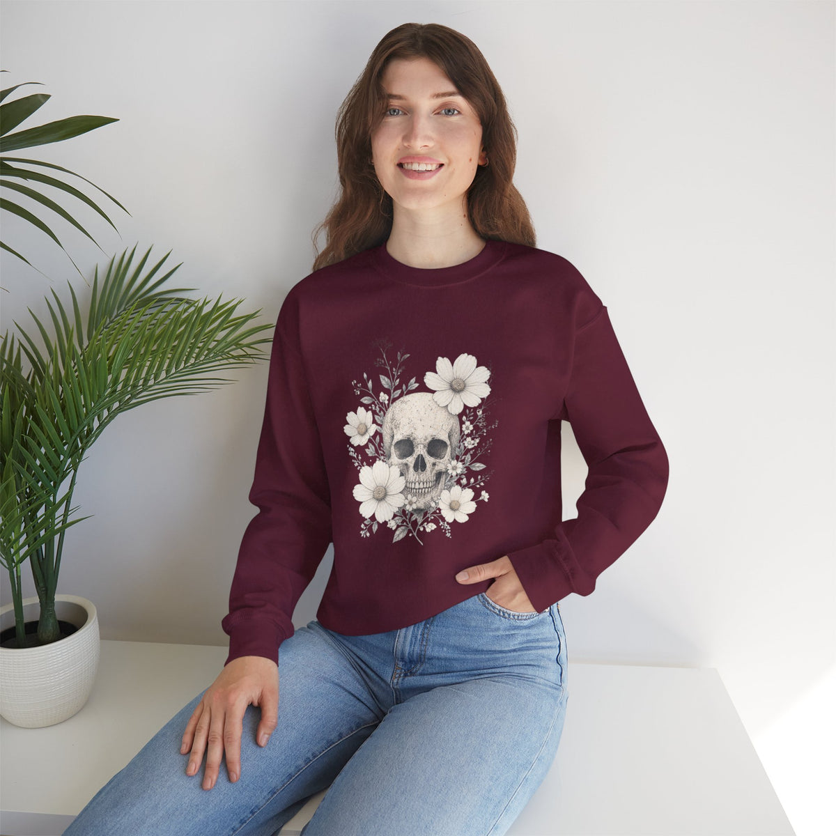 Moody Edgy Floral Skull Crewneck Sweatshirt | Botanical Skull Design Gothic Halloween Dark Romantic