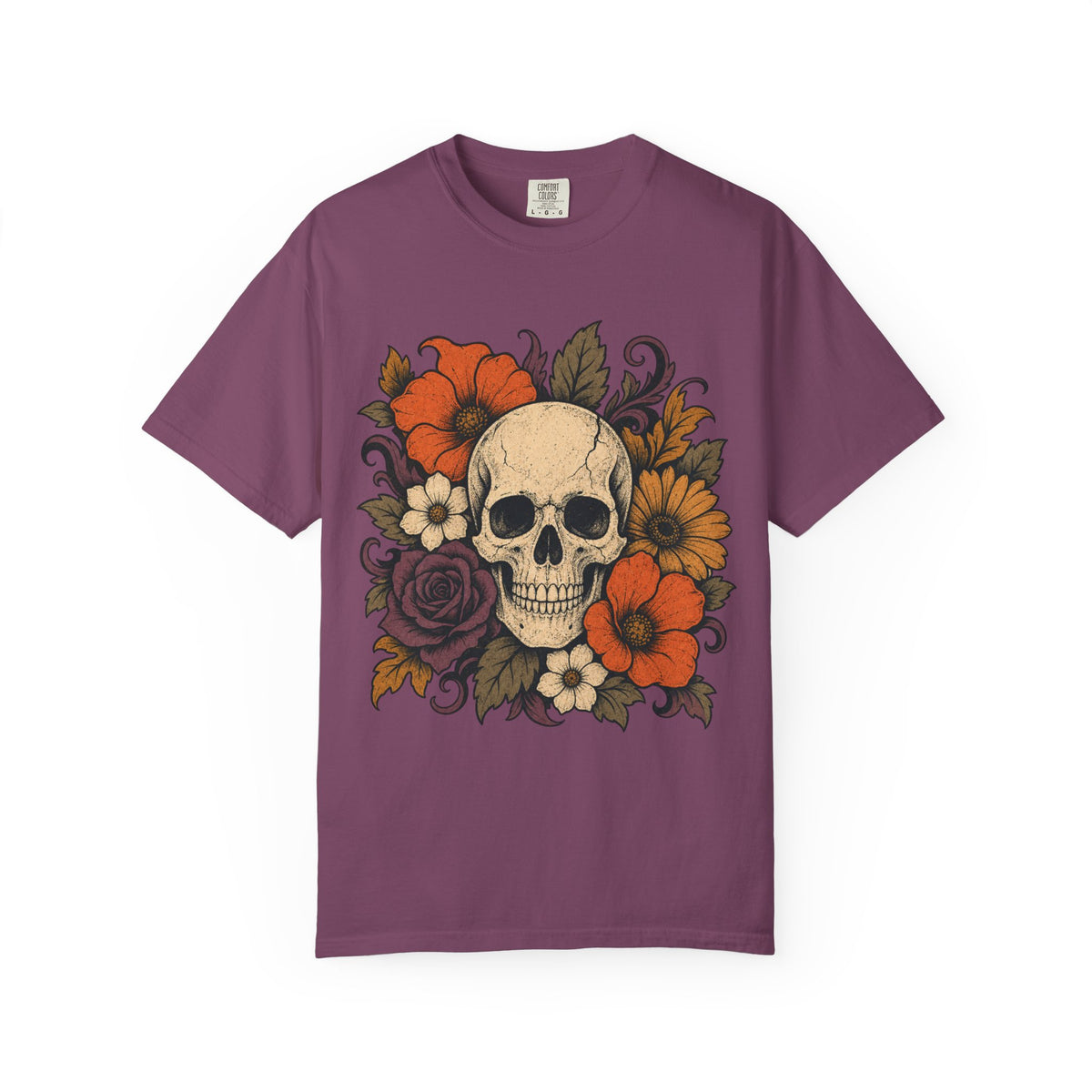 Skull with Autumn Flowers Comfort Colors T-shirt | Floral Skull Tee