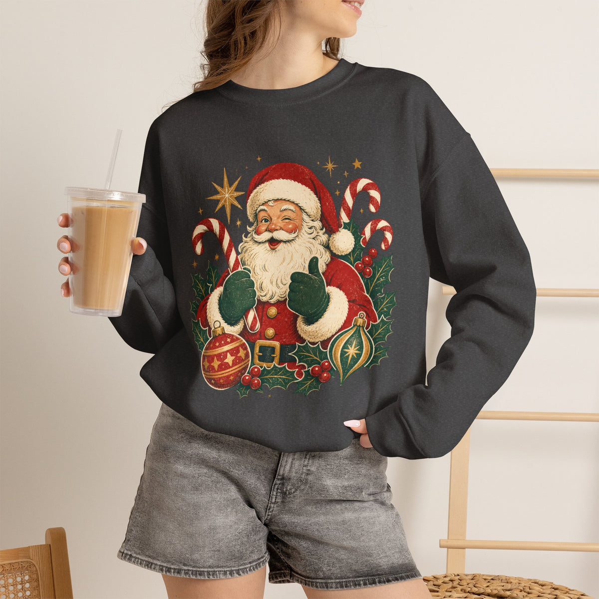 Vintage Santa Claus sweatshirt | Retro Christmas Santa, candy canes & ornaments