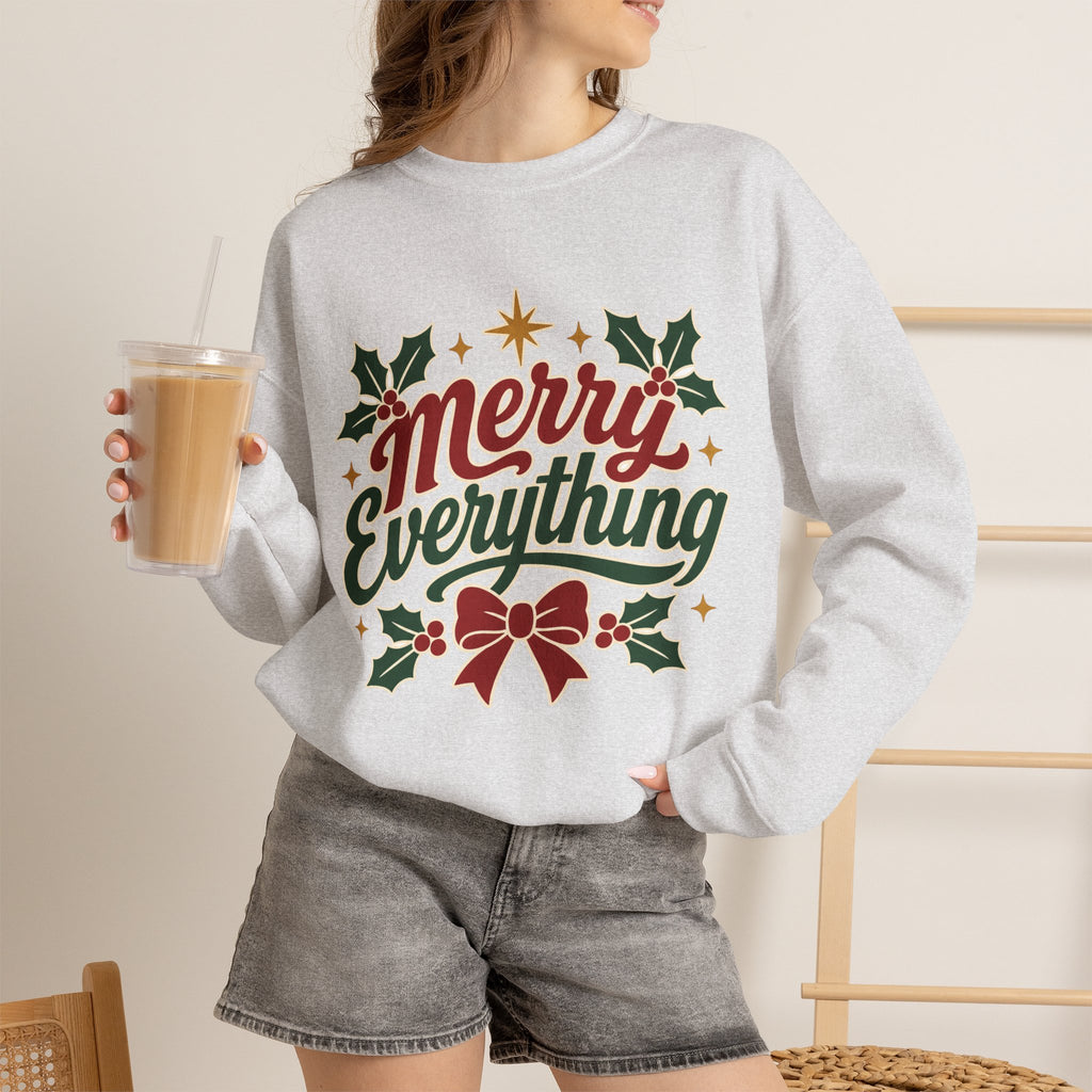 Merry Everything Christmas Sweatshirt | Holiday Script Holly Bow Crewneck