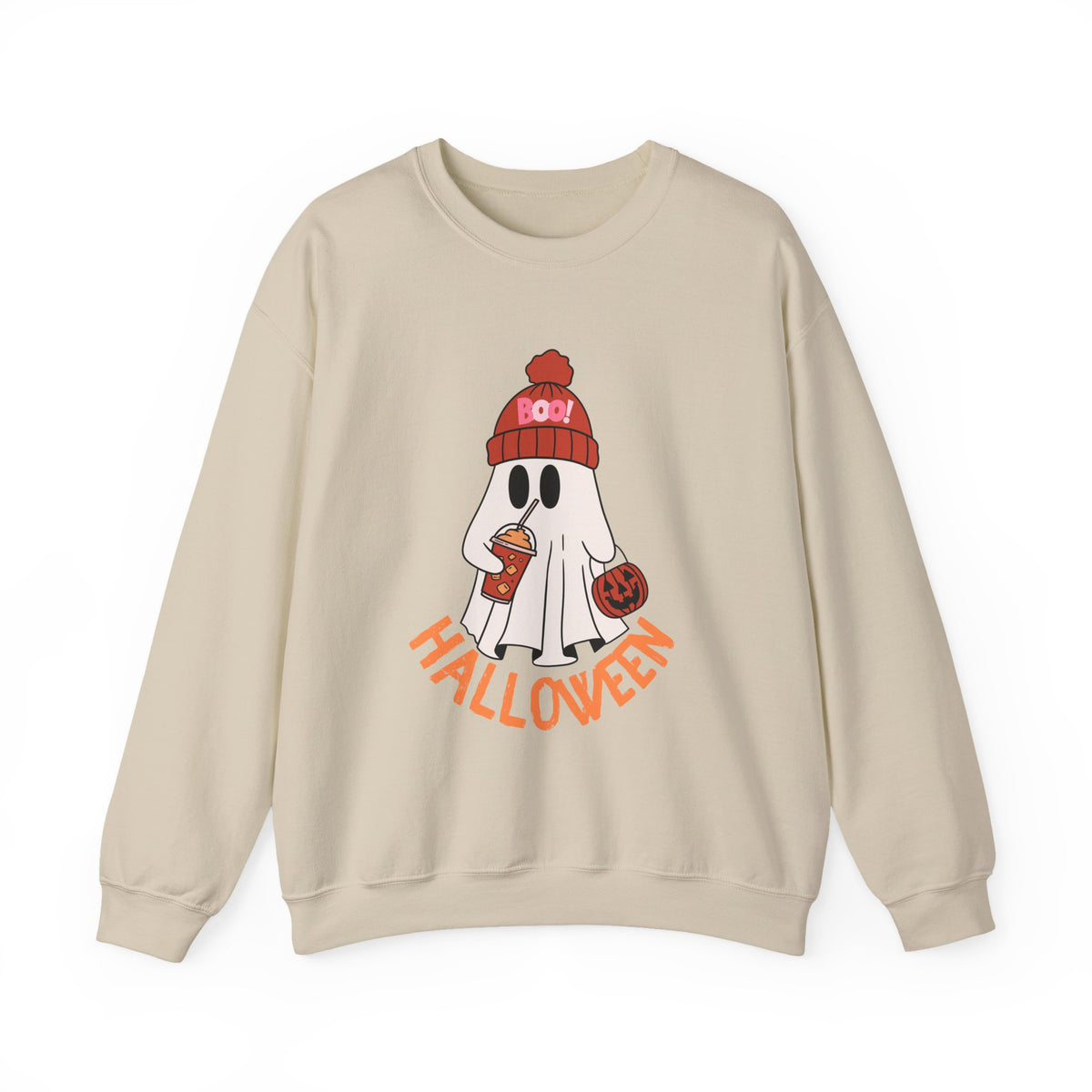 Cute Ghost wearing BOO beanie with iced coffee and trick or treat pumpkin Halloween Sweatshirt