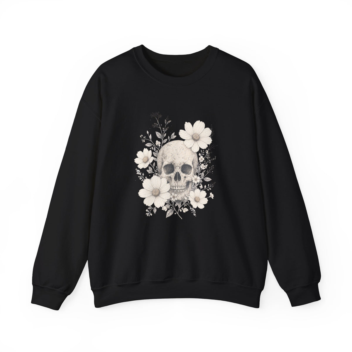 Moody Edgy Floral Skull Crewneck Sweatshirt | Botanical Skull Design Gothic Halloween Dark Romantic