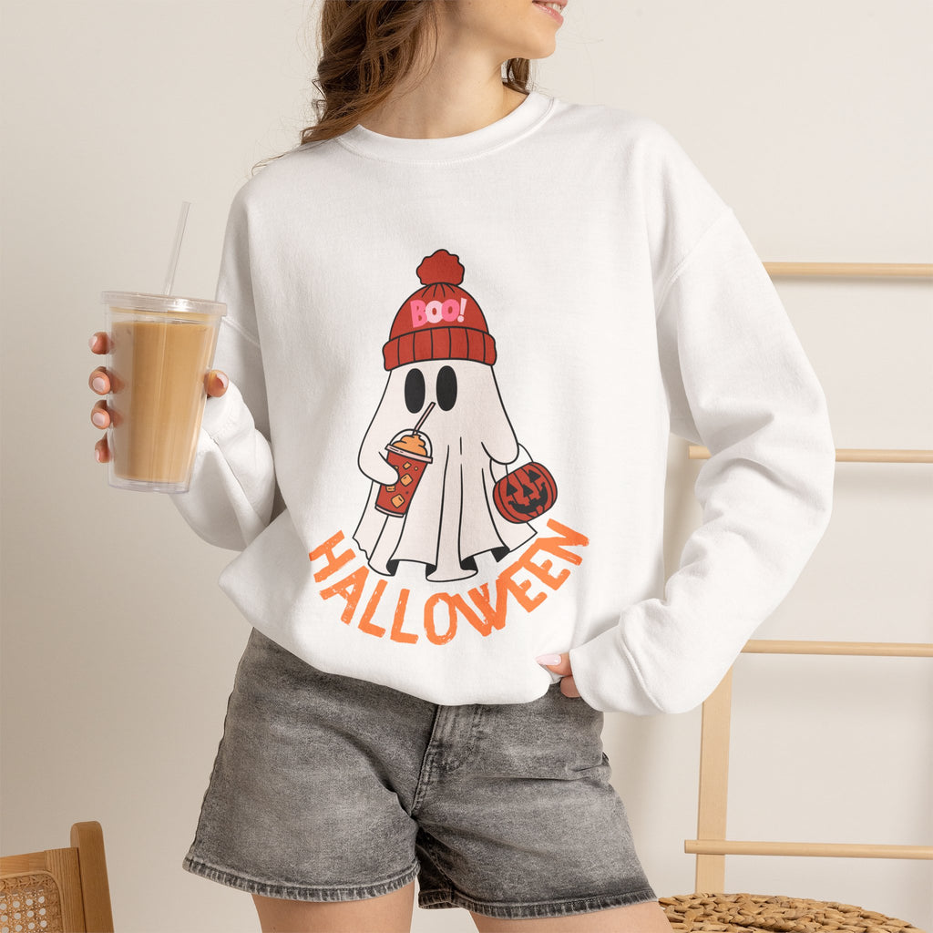 Cute Ghost wearing BOO beanie with iced coffee and trick or treat pumpkin Halloween Sweatshirt