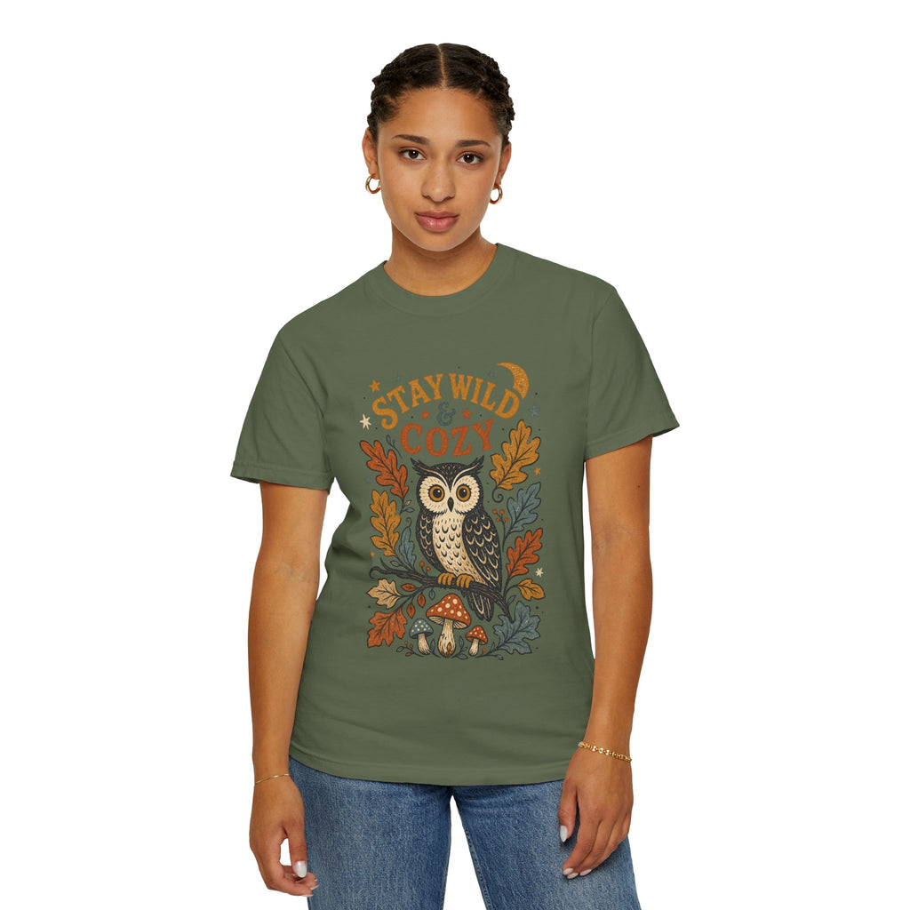 Stay Wild & Cozy Owl Illustration Comfort Colors T-Shirt | Autumn Leaves, Mushroom
