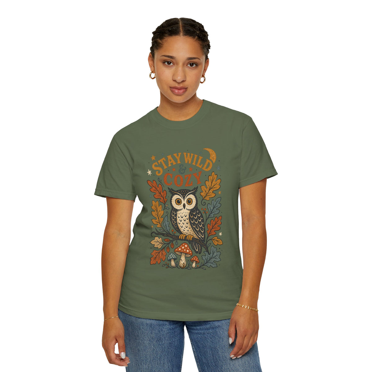 Stay Wild & Cozy Owl Illustration Comfort Colors T-Shirt | Autumn Leaves, Mushroom