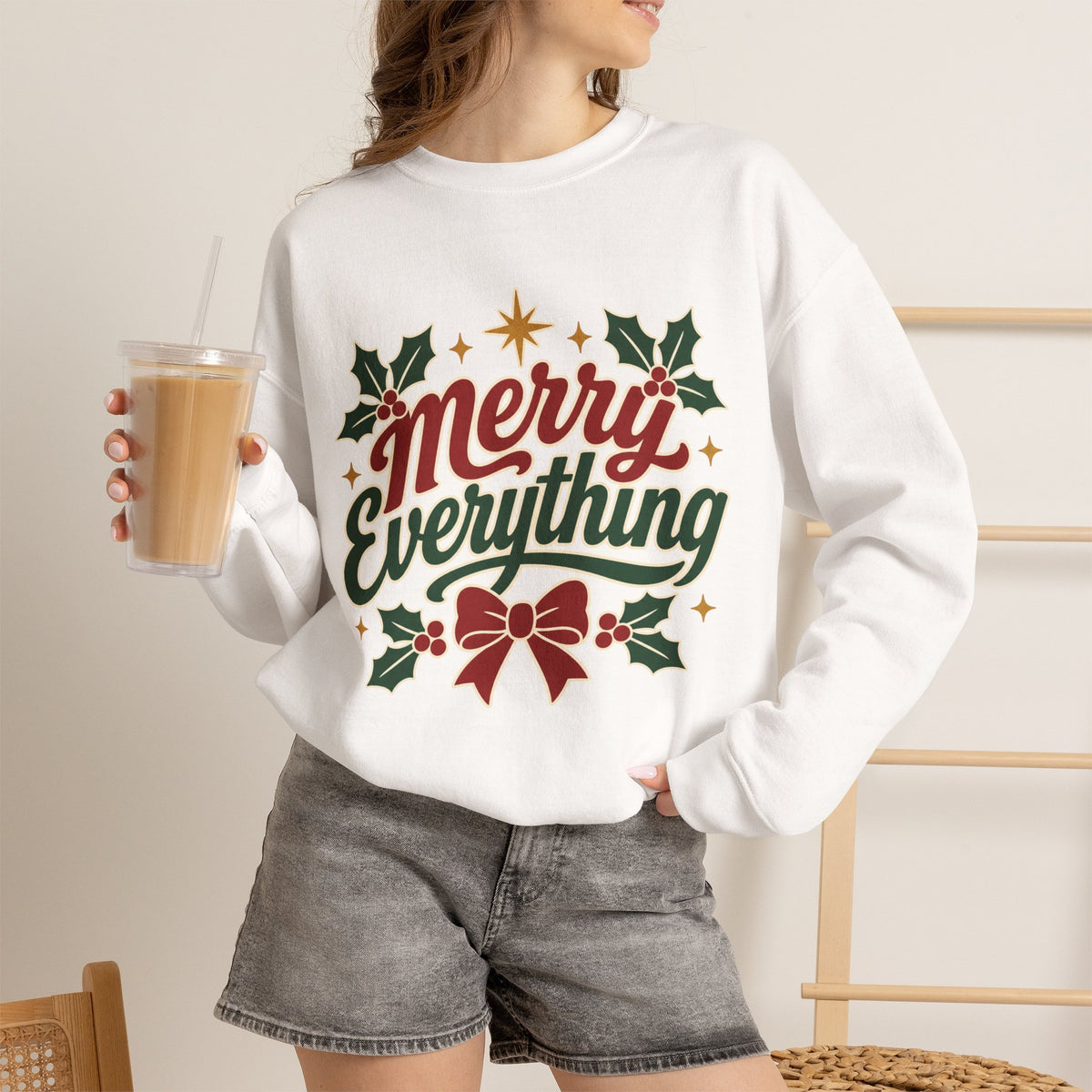Merry Everything Christmas Sweatshirt | Holiday Script Holly Bow Crewneck
