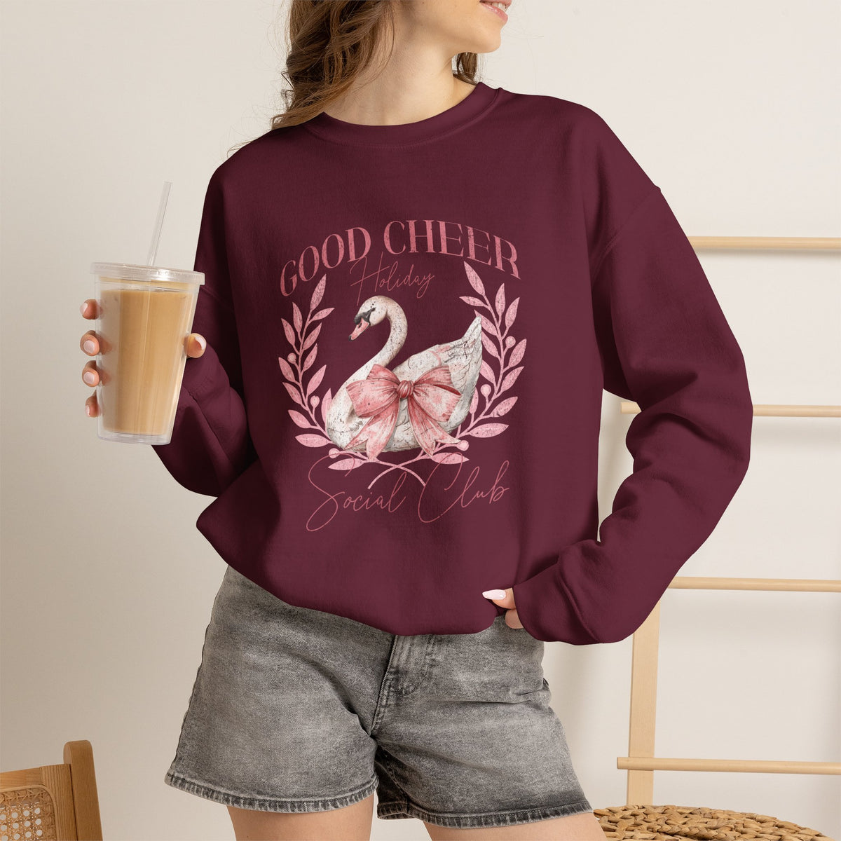 Coquette Christmas Sweatshirt | Good Cheer Social Club Swan and Flamingo Wreath