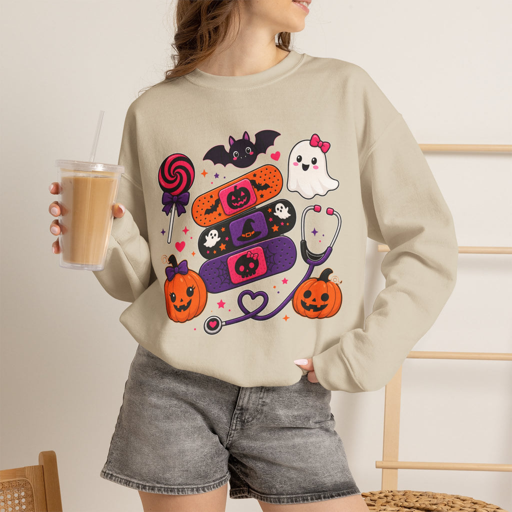 Nurse Halloween Sweatshirt Pediatrics Candy Bandaids Stethoscope Pumpkin Ghosts Bat | Medical Cute
