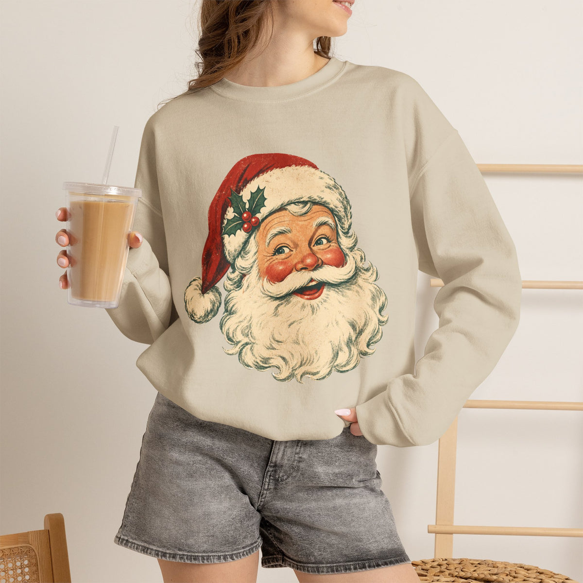 Vintage Santa Face Crewneck Sweatshirt | Retro Christmas Holiday Sweater