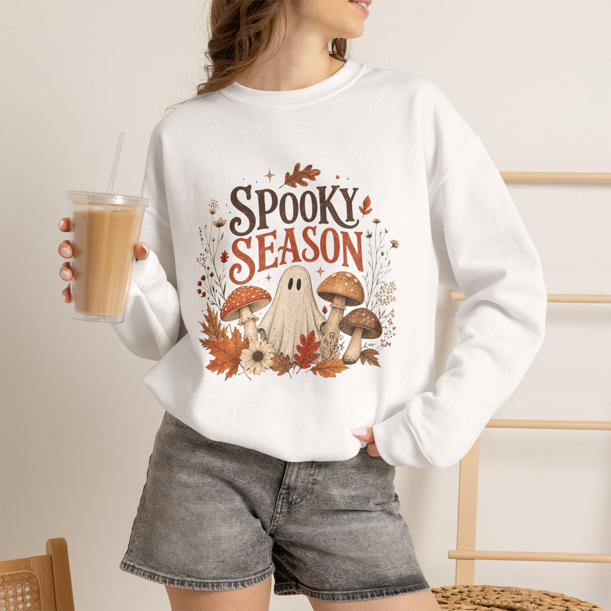 Spooky Season ghost mushrooms autumn leaves sweatshirt | Halloween fall