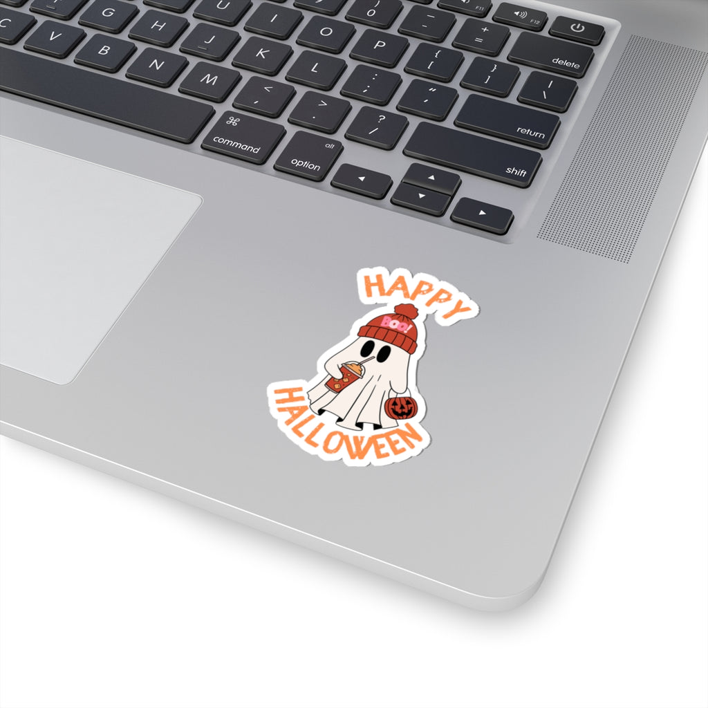 Cute Ghost Holding Pumpkin and Drink Kiss-Cut Sticker | Happy Halloween