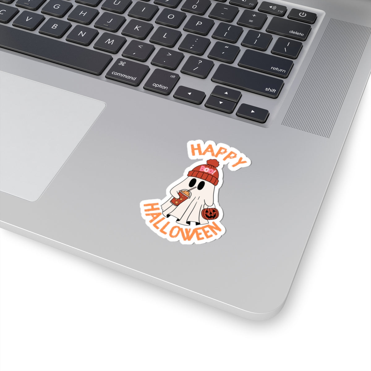Cute Ghost Holding Pumpkin and Drink Kiss-Cut Sticker | Happy Halloween
