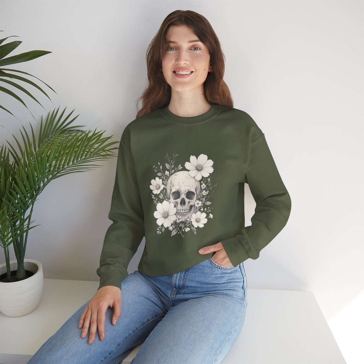 Moody Edgy Floral Skull Crewneck Sweatshirt | Botanical Skull Design Gothic Halloween Dark Romantic