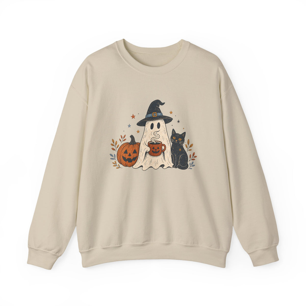 Cute Ghost with Witch Hat Sweatshirt | Halloween Pumpkin Black Cat Crewneck
