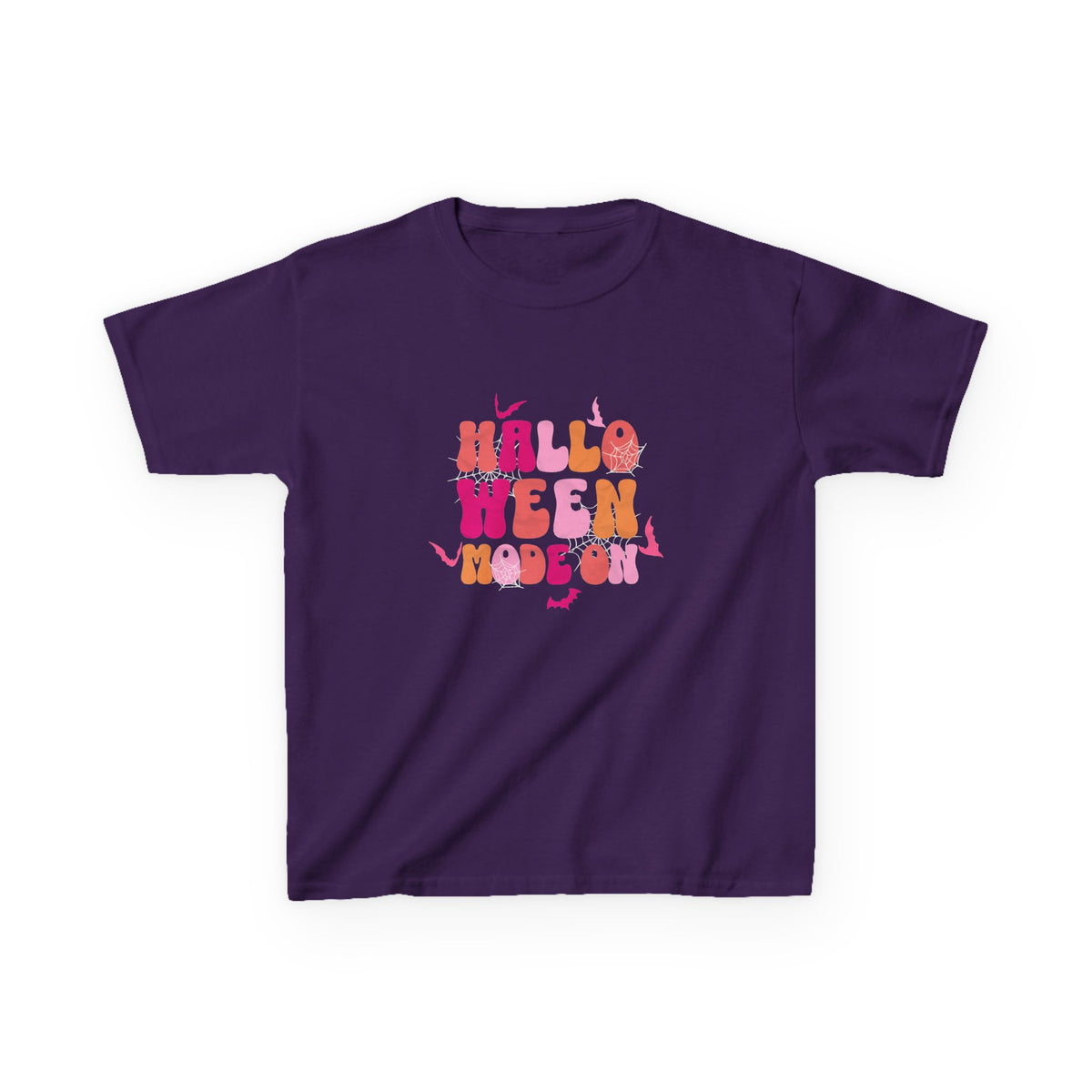 Halloween Vibes Kids Tee | groovy pumpkin lettering, pink orange retro