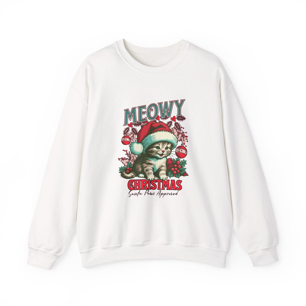 Meowy Christmas Cat Sweatshirt | Retro Holiday Kitty, Santa Hat, Ornaments