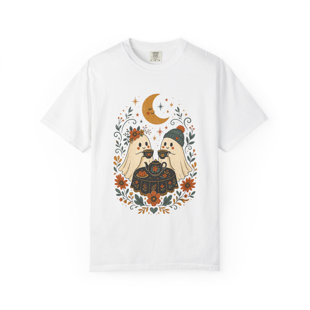 Ghost Couple Fall Halloween Tea Party T-shirt | Cute Ghosts, Moon, Autumn Floral Illustration