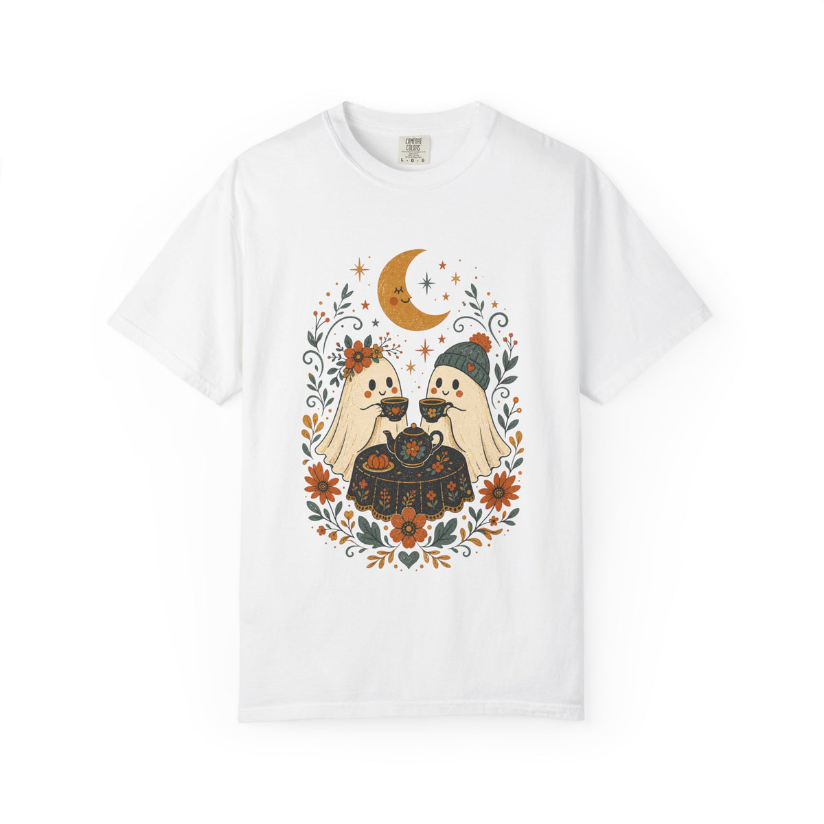 Ghost Couple Fall Halloween Tea Party T-shirt | Cute Ghosts, Moon, Autumn Floral Illustration