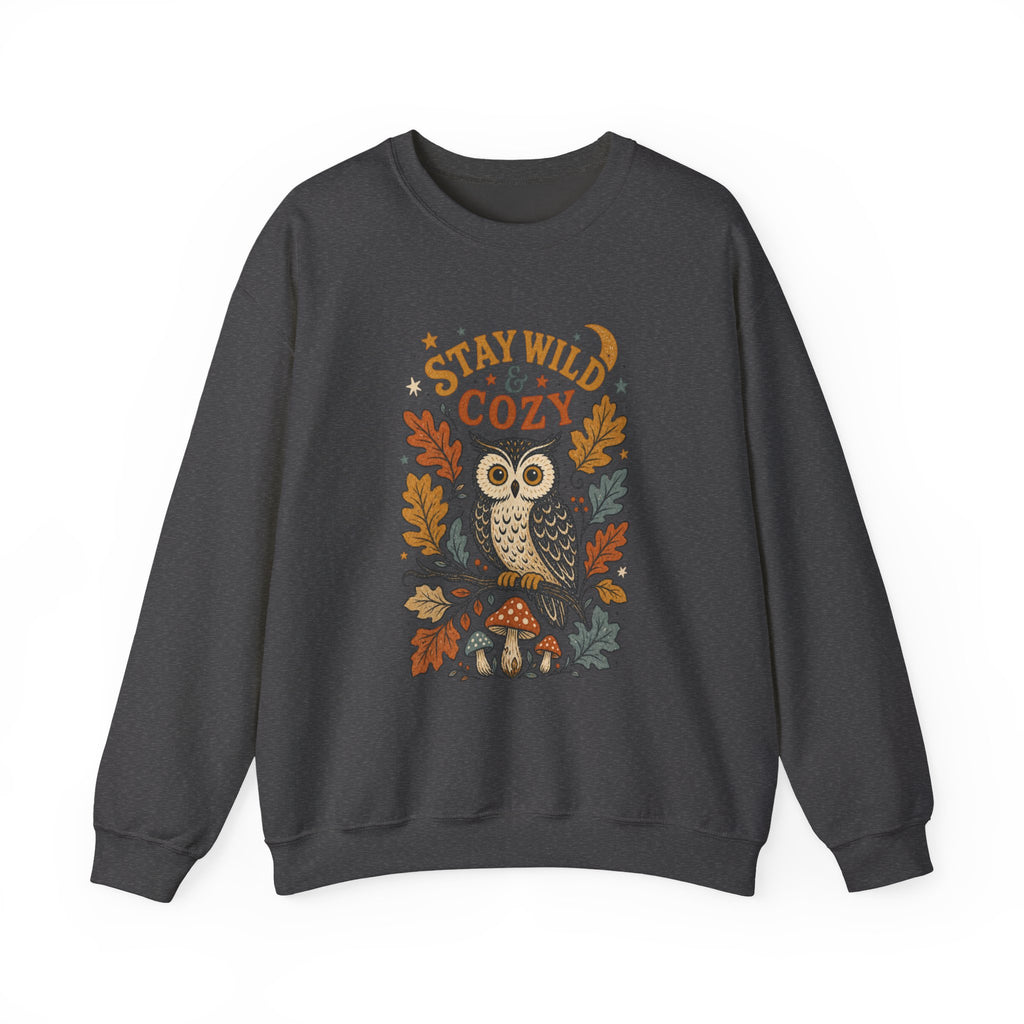 Stay Wild & Cozy Owl Sweatshirt | Autumn Leaves, Mushrooms
