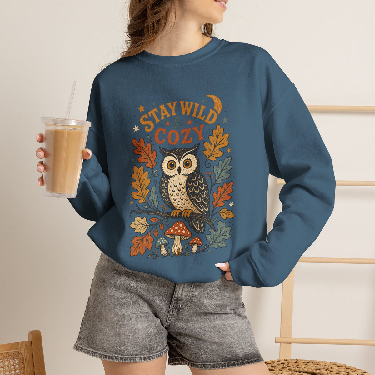 Stay Wild & Cozy Owl Sweatshirt | Autumn Leaves, Mushrooms