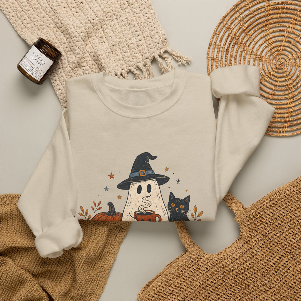 Cute Ghost with Witch Hat Sweatshirt | Halloween Pumpkin Black Cat Crewneck