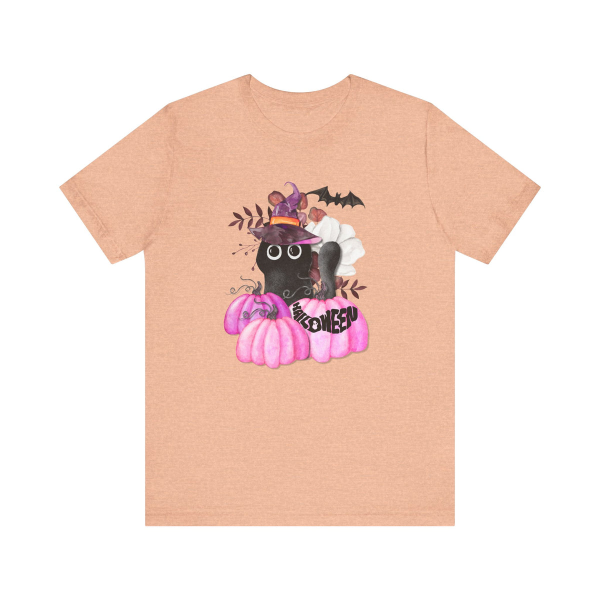 Black Cat Witch with Pink Pumpkins Tee | Halloween Cat Shirt