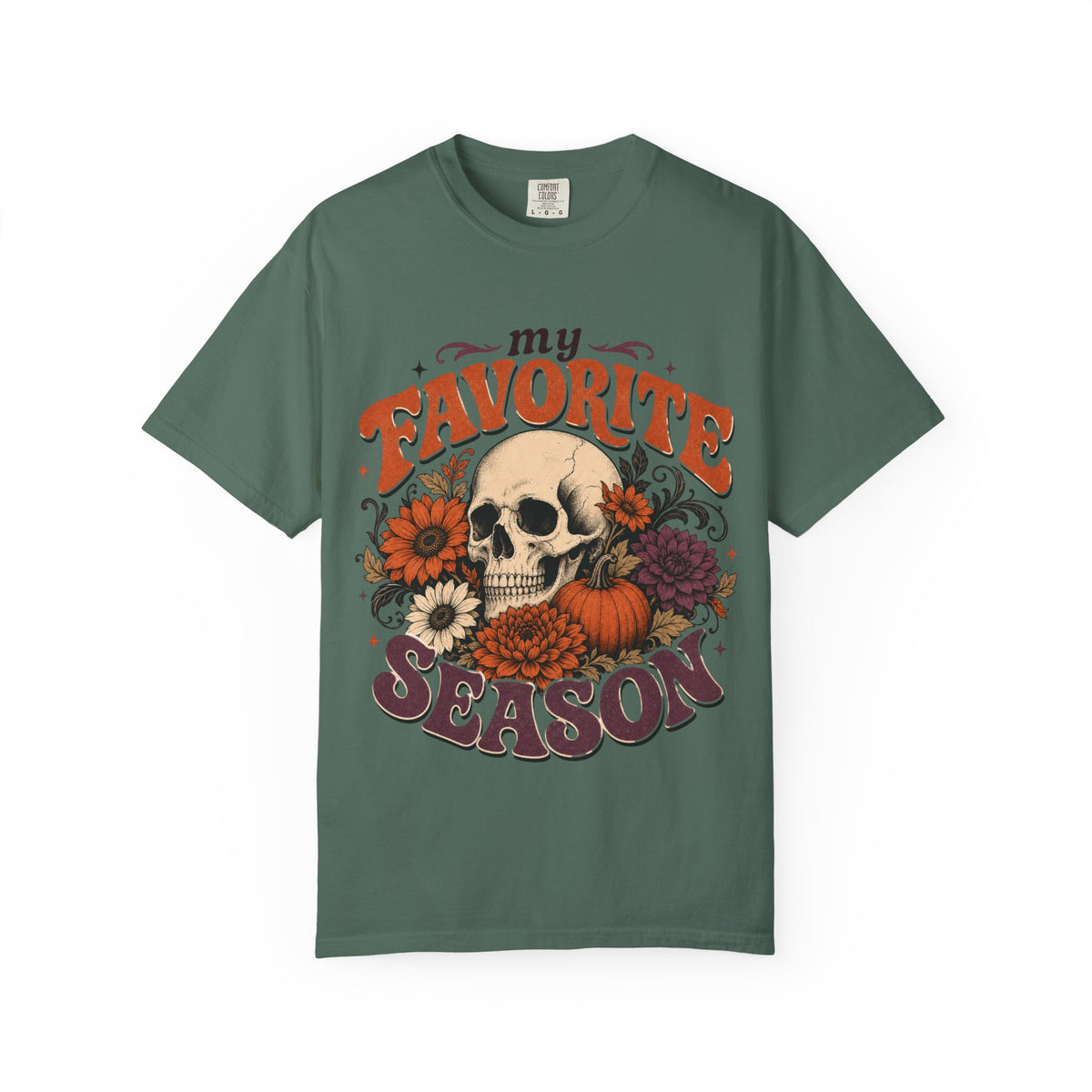 Skull with Pumpkins & Flowers T-shirt | My Favorite Season fall design