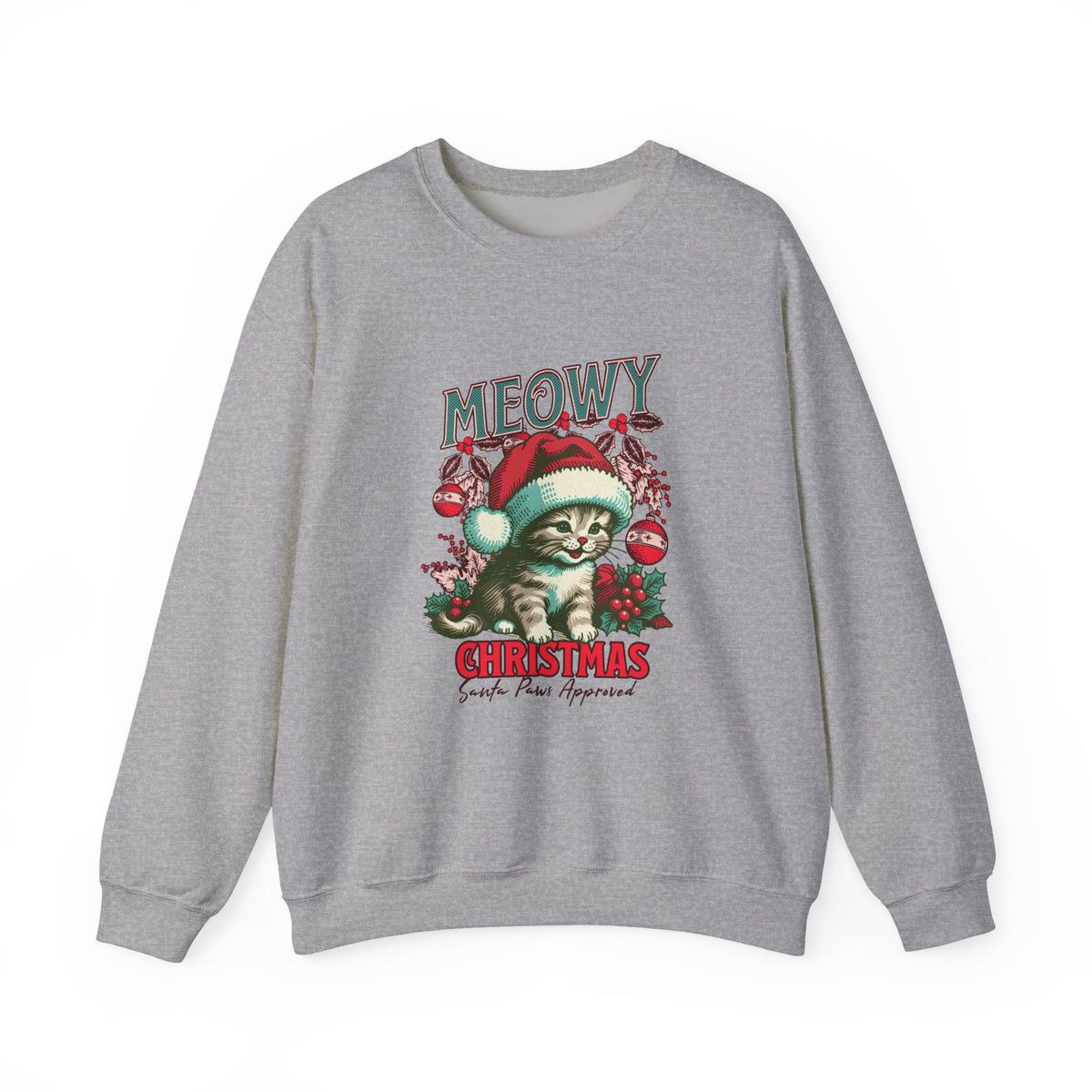 Meowy Christmas Cat Sweatshirt | Retro Holiday Kitty, Santa Hat, Ornaments