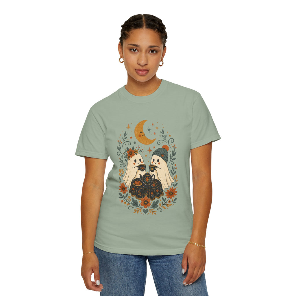 Ghost Couple Fall Halloween Tea Party T-shirt | Cute Ghosts, Moon, Autumn Floral Illustration