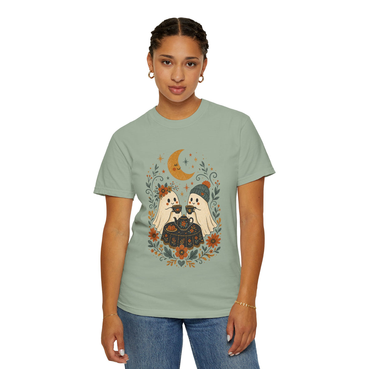 Ghost Couple Fall Halloween Tea Party T-shirt | Cute Ghosts, Moon, Autumn Floral Illustration
