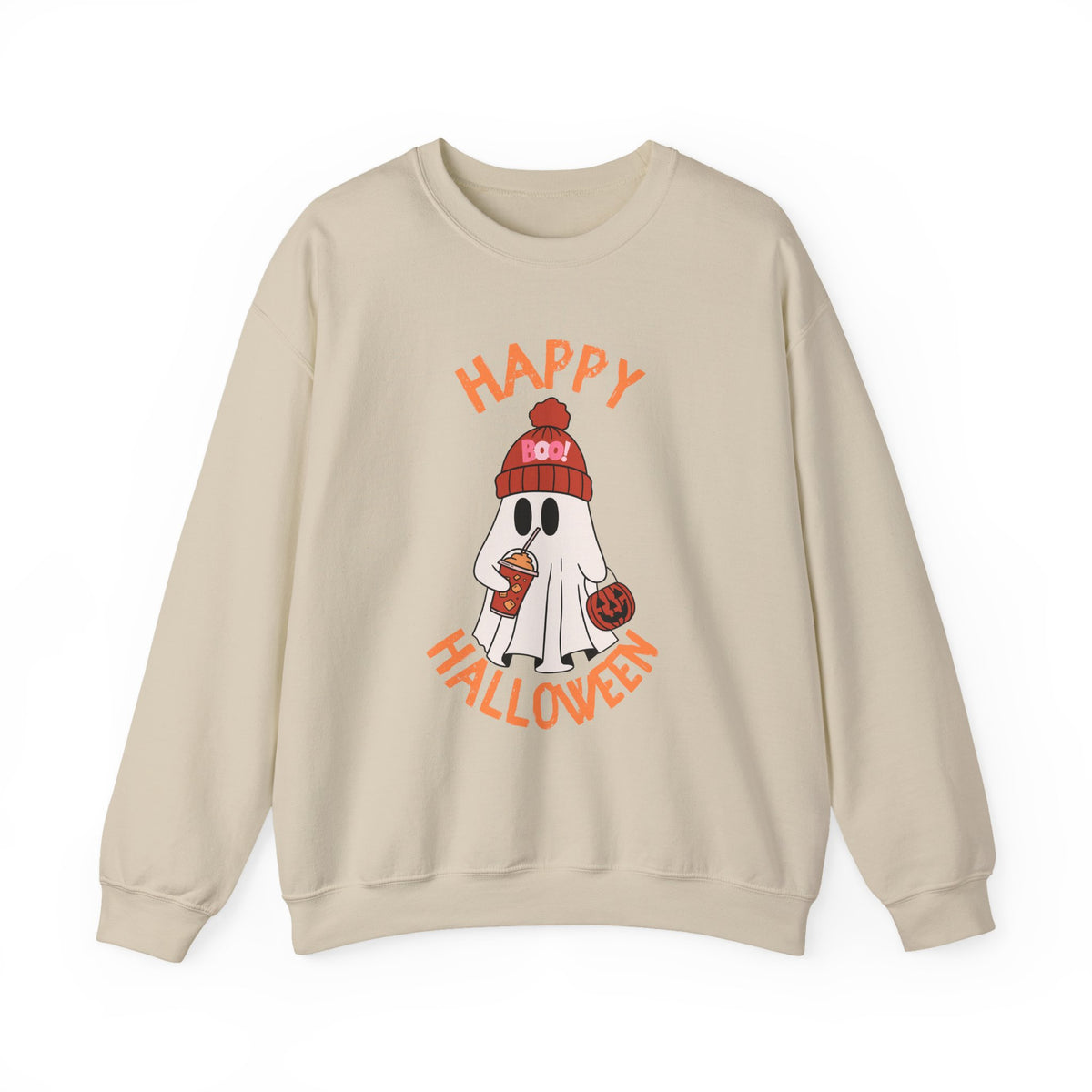Happy Halloween Ghost Crewneck Sweatshirt | Cute Ghost with Pumpkin and drink