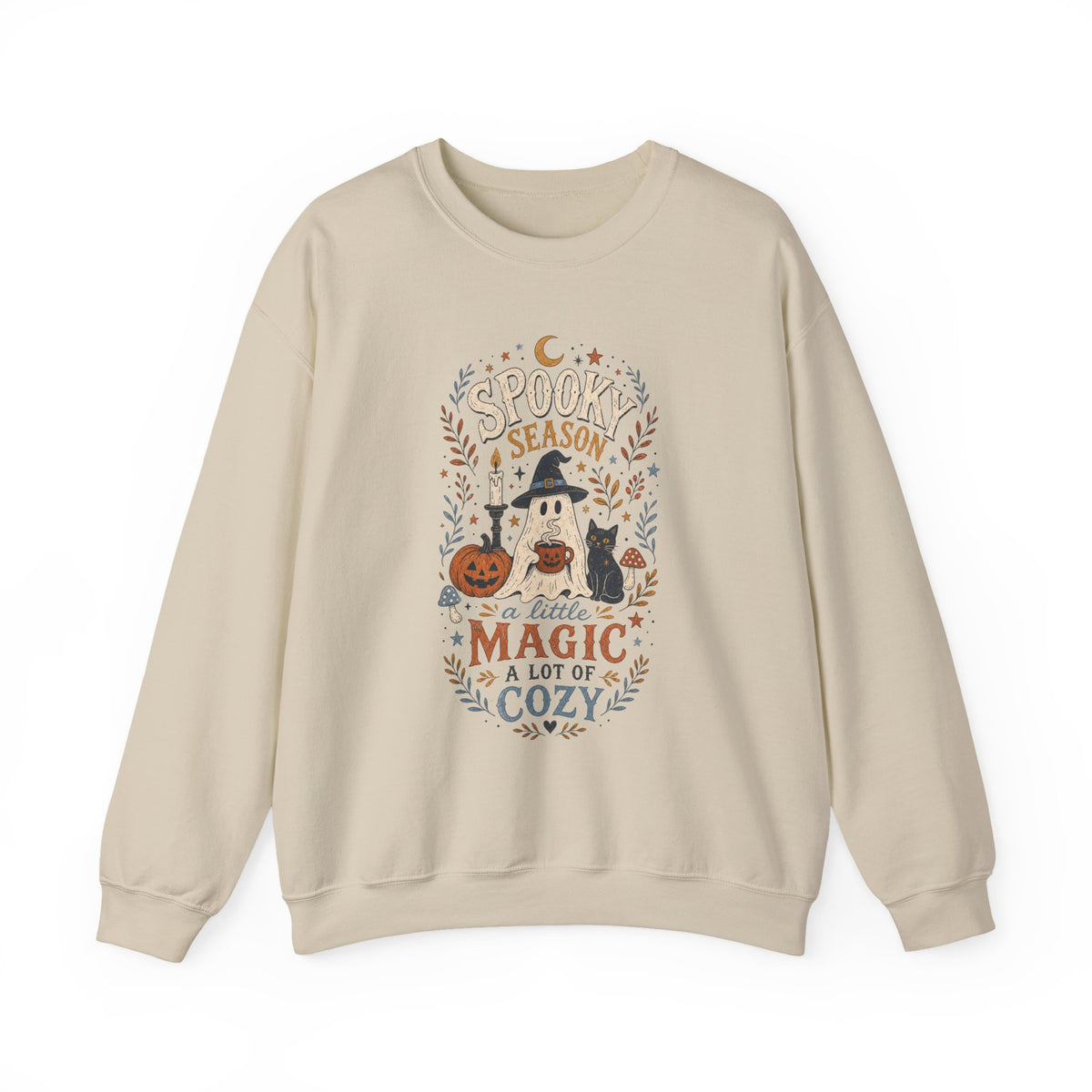 Spook Season Ghost with Witch Hat Cat Pumpkin Sweatshirt | Cozy Halloween Magic Autumn Botanicals
