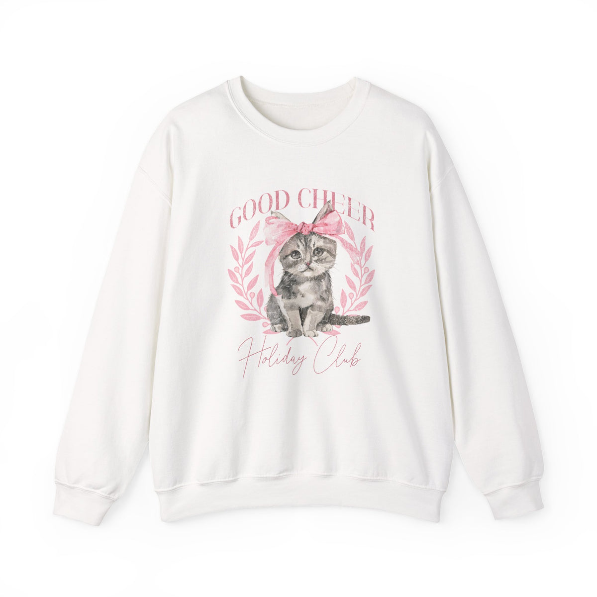 Christmas Kitten Sweatshirt | Cute Cat Illustration, Good Cheer Holiday Club Pink Coquette Style
