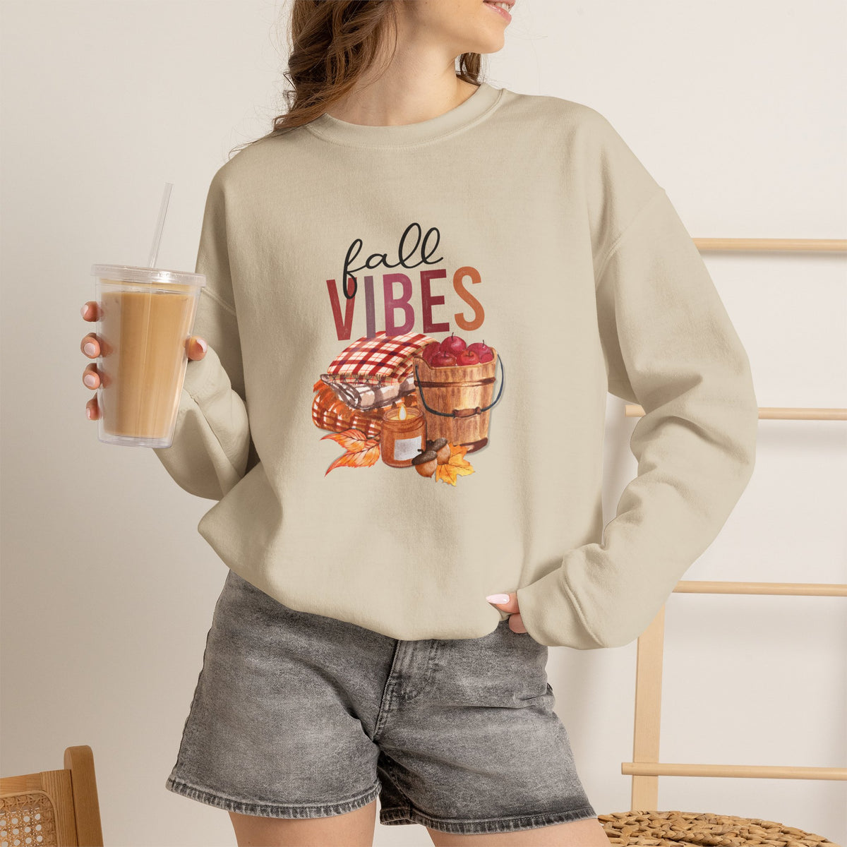 Fall Vibes graphic sweatshirt | autumn picnic apples plaid basket