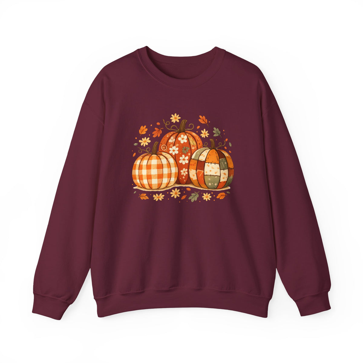 Patchwork Pumpkins Crewneck Sweatshirt | Autumn Plaid Pumpkin Trio