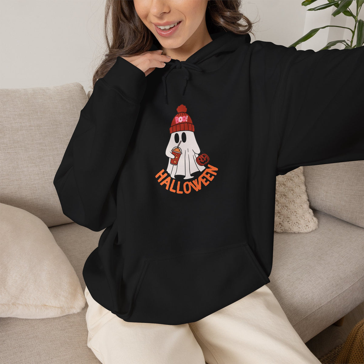 Cute Ghost in Beanie Halloween Hoodie | Retro Boo Cool coffee drinking trick or treat Pumpkin Design