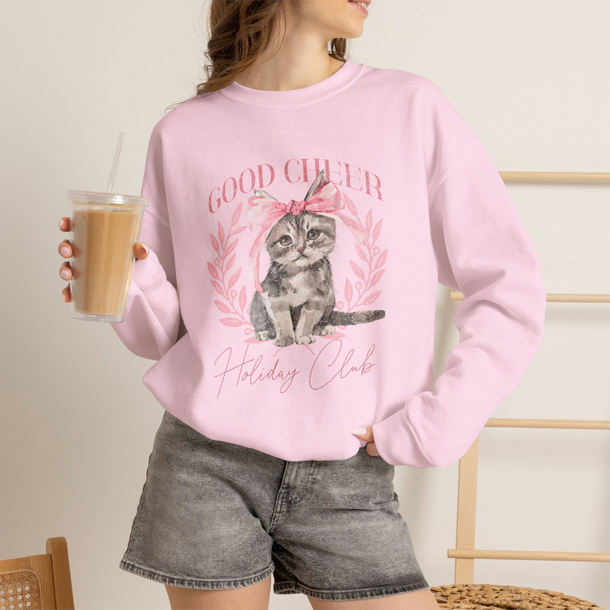 Christmas Kitten Sweatshirt | Cute Cat Illustration, Good Cheer Holiday Club Pink Coquette Style