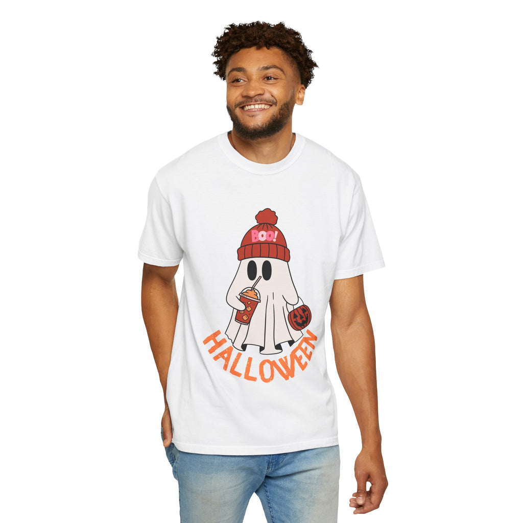 Cute Ghost Wearing BOO Beanie Halloween Comfort Colors T-shirt | Trick or Treat Pumpkin coffee Illustration