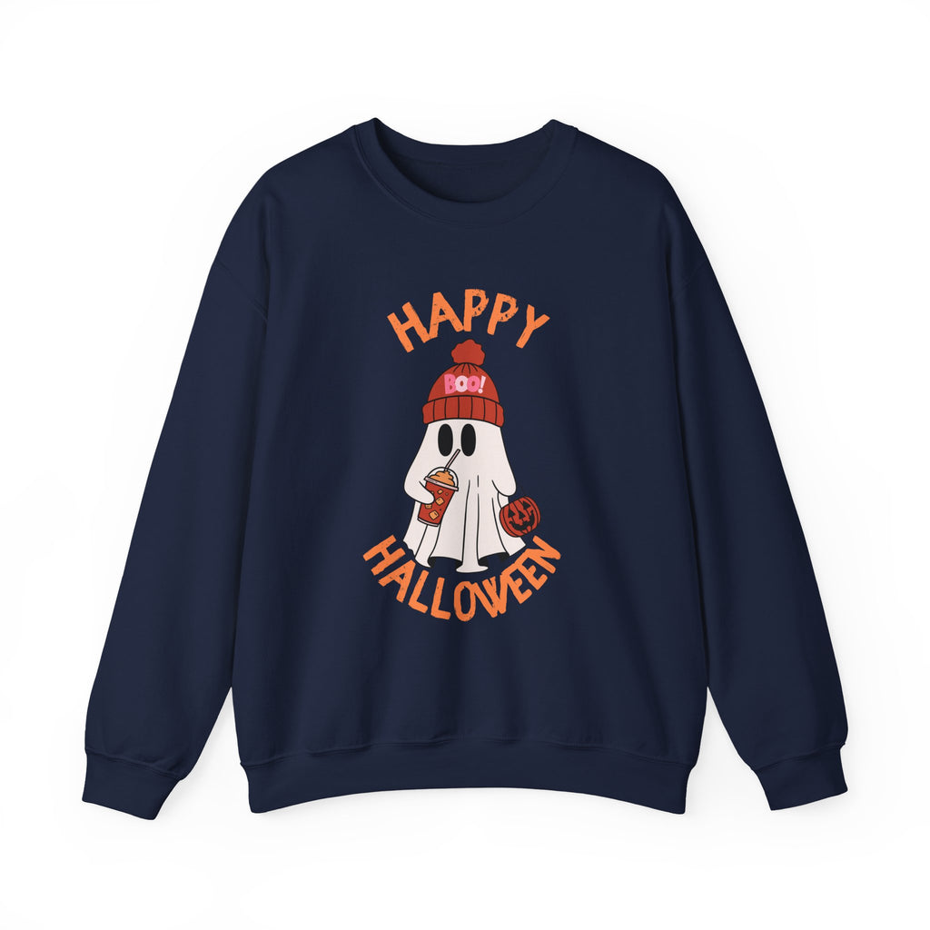 Happy Halloween Ghost Crewneck Sweatshirt | Cute Ghost with Pumpkin and drink
