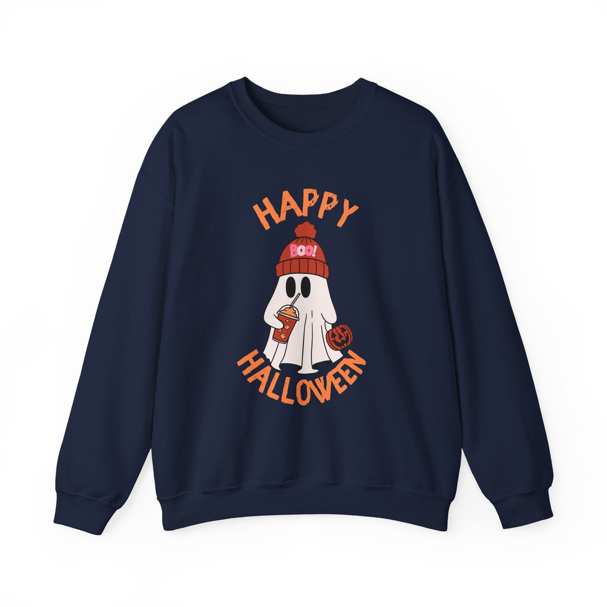 Happy Halloween Ghost Crewneck Sweatshirt | Cute Ghost with Pumpkin and drink