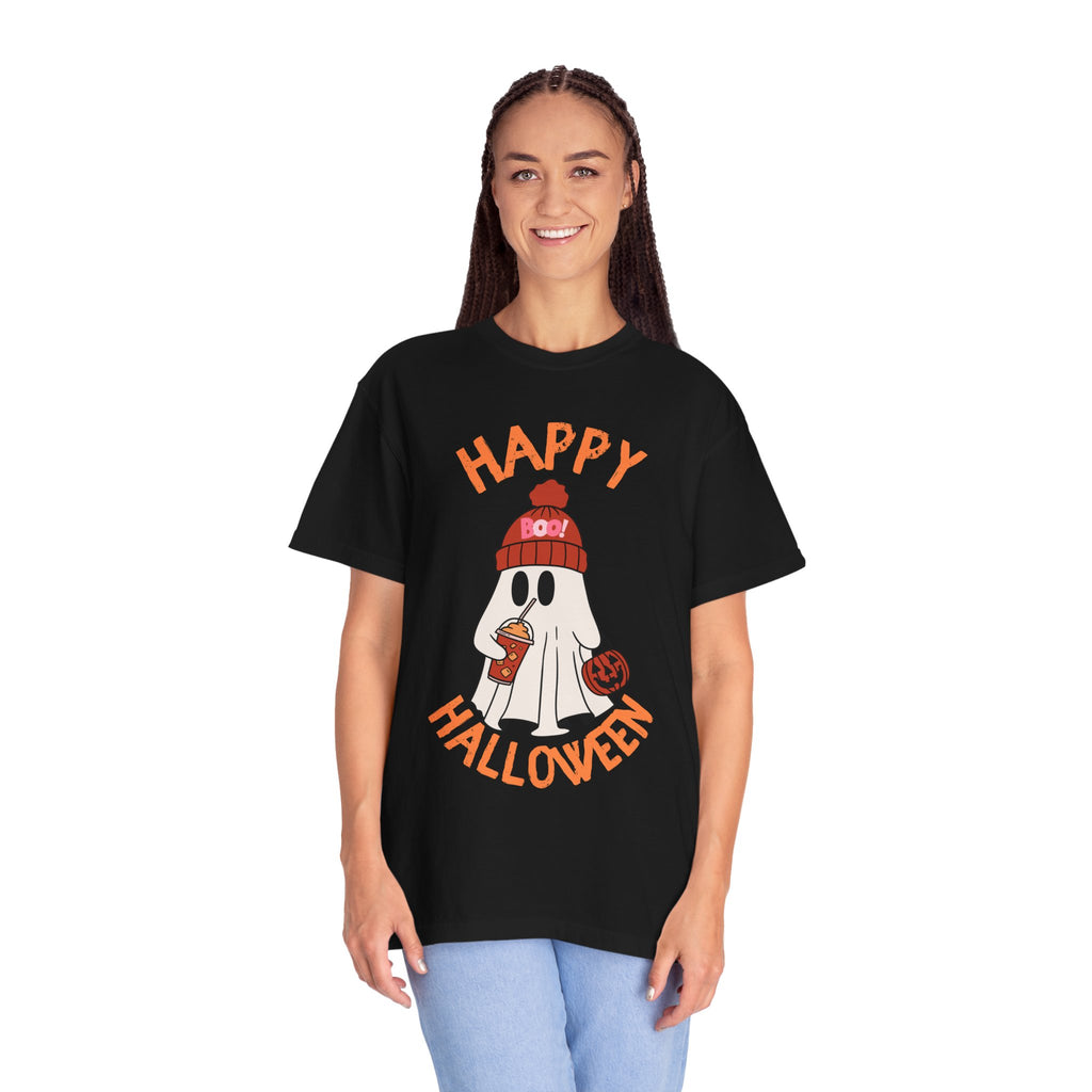 Cute Ghost in Beanie Happy Halloween Comfort Colors T-Shirt | Trick-or-Treat Tee