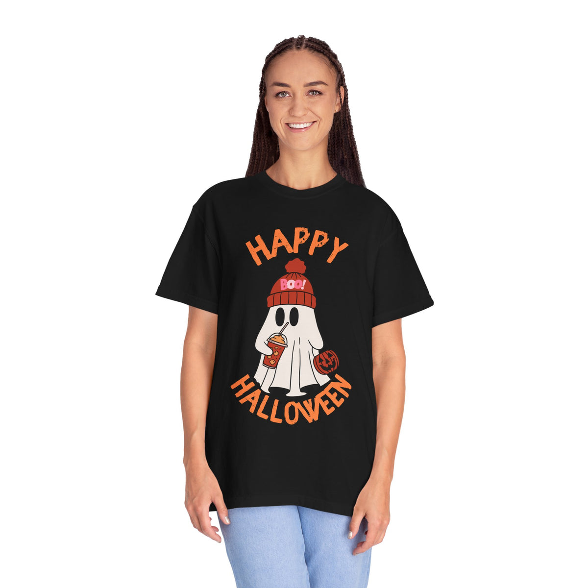 Cute Ghost in Beanie Happy Halloween Comfort Colors T-Shirt | Trick-or-Treat Tee