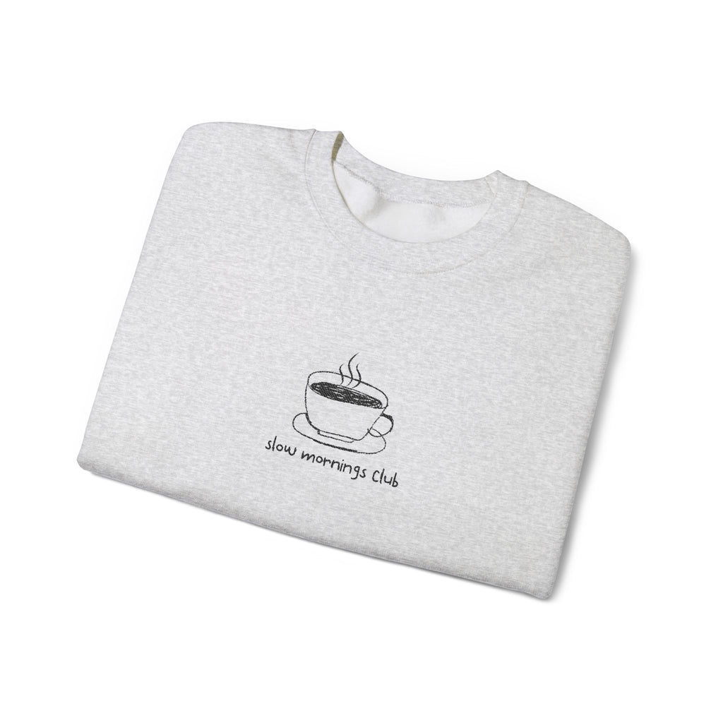 Embroidered Sweatshirt Coffee Mug | Hand-Drawn Coffee Cup Slow Mornings Club Crewneck Minimalist Design