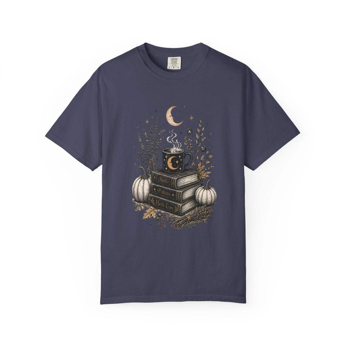 Cozy Fall Book Stack with Moon Coffee Mug T-shirt | Autumn Pumpkin Floral