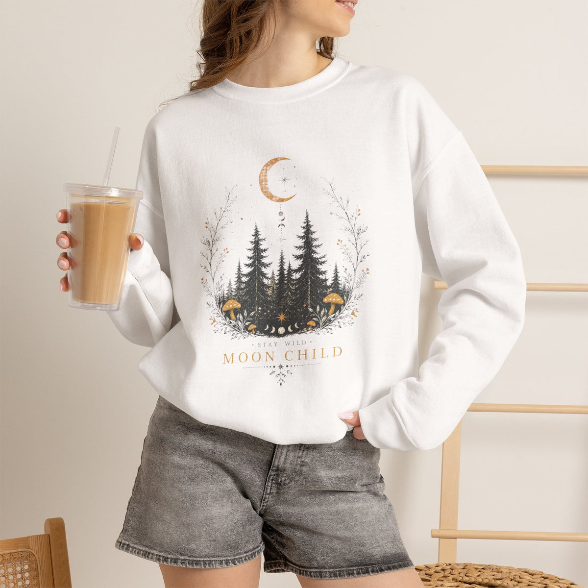 Moon Child forest moon sweatshirt | woodland trees mushrooms crescent moon