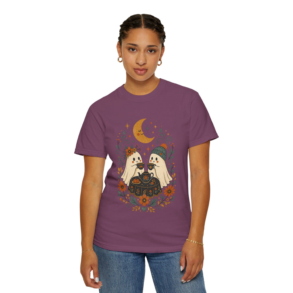 Ghost Couple Fall Halloween Tea Party T-shirt | Cute Ghosts, Moon, Autumn Floral Illustration