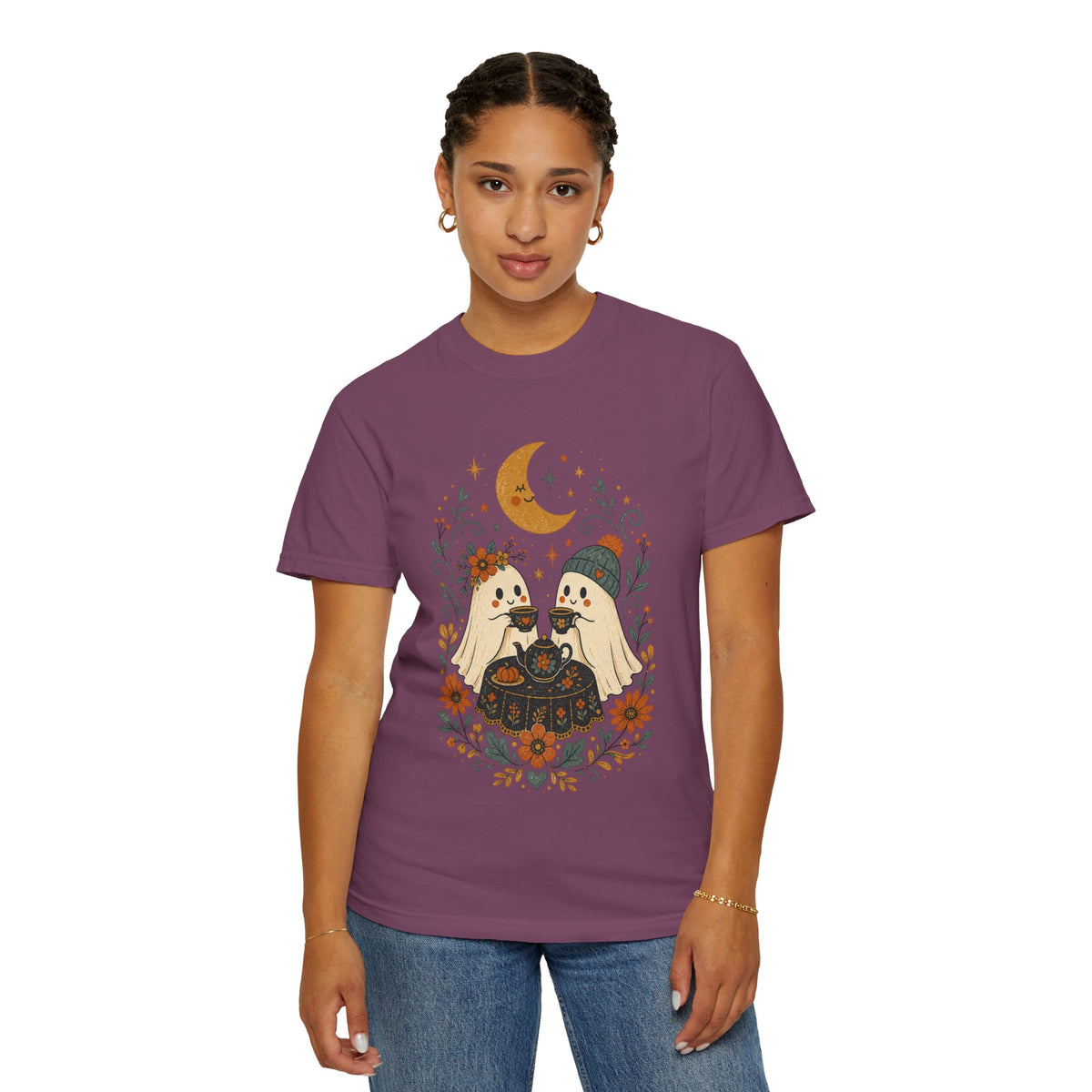Ghost Couple Fall Halloween Tea Party T-shirt | Cute Ghosts, Moon, Autumn Floral Illustration