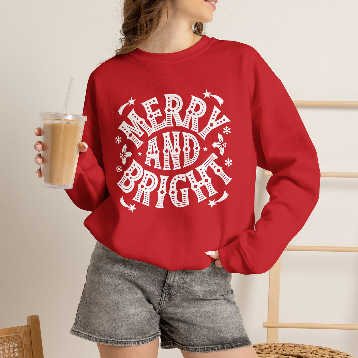 Christmas Sweatshirt Merry and Bright | Vintage Style Typography Holiday Crewneck Snowflakes Stars