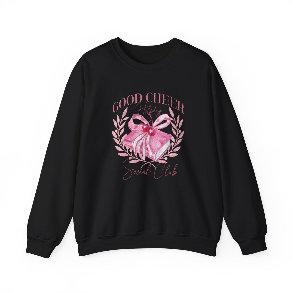 Christmas Sweatshirt Coquette Style | Good Cheer Social Club Pink Ribbon Wreath Holiday Cozy Crew
