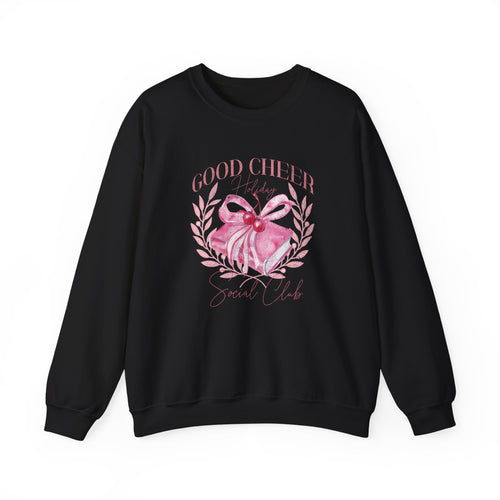 Christmas Sweatshirt Coquette Style | Good Cheer Social Club Pink Ribbon Wreath Holiday Cozy Crew